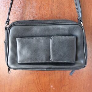 Black Genuine Leather 3 Compartment Crossbody Purse Bag Cell Pocket Vintage 90s